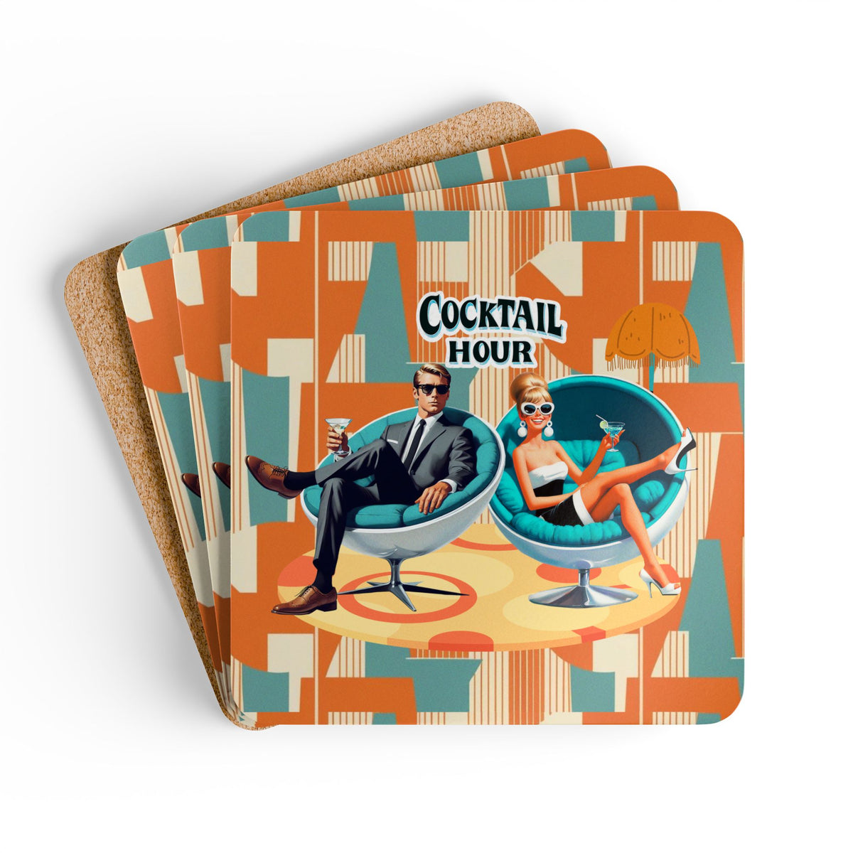Mid Mod Cocktail Hour, Retro Orange Teal Vintage Cocktail Hour Coaster Set - Retro Drinking Décor - Mid Century Modern Gal