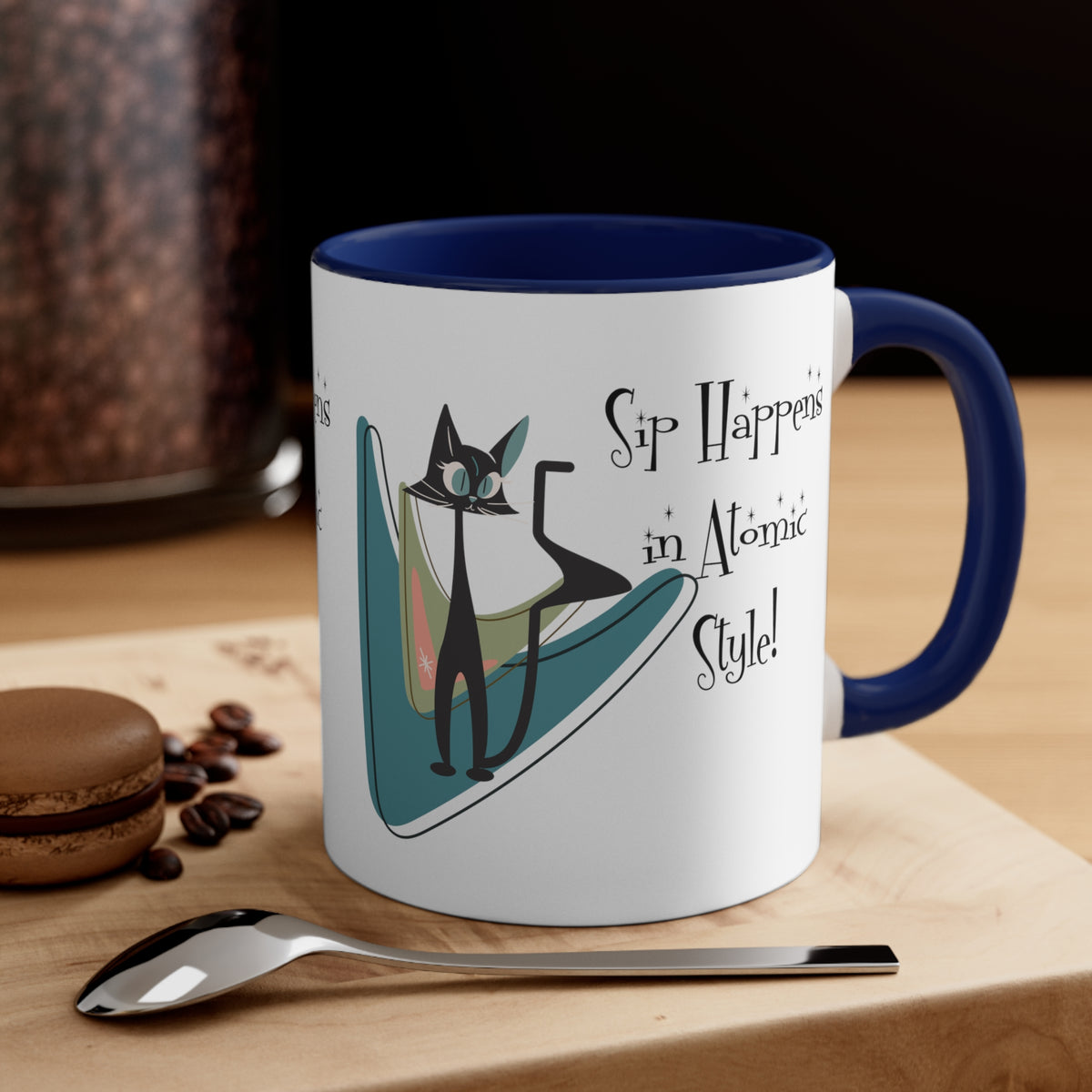 Atomic Cat, Mid Century Modern Drinkware, Coffee Mug, Sip Happens, Retro Boomerang, Kitschy Funny Coffee Lover Gifts - Mid Century Modern Gal