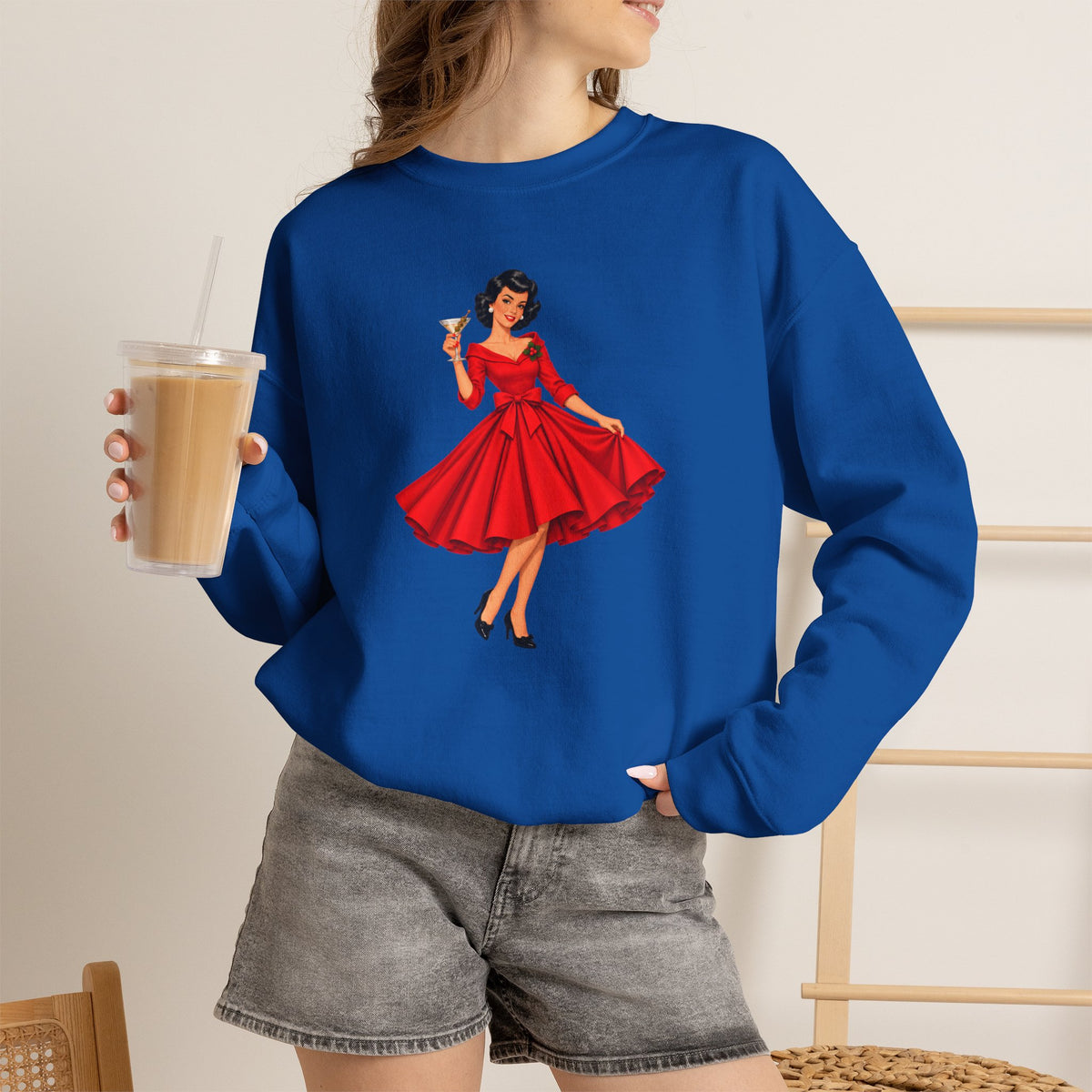 Mid Century Modern Christmas Martini Gal Unisex Heavy Blend™ Crewneck Sweatshirt - Mid Century Modern Gal