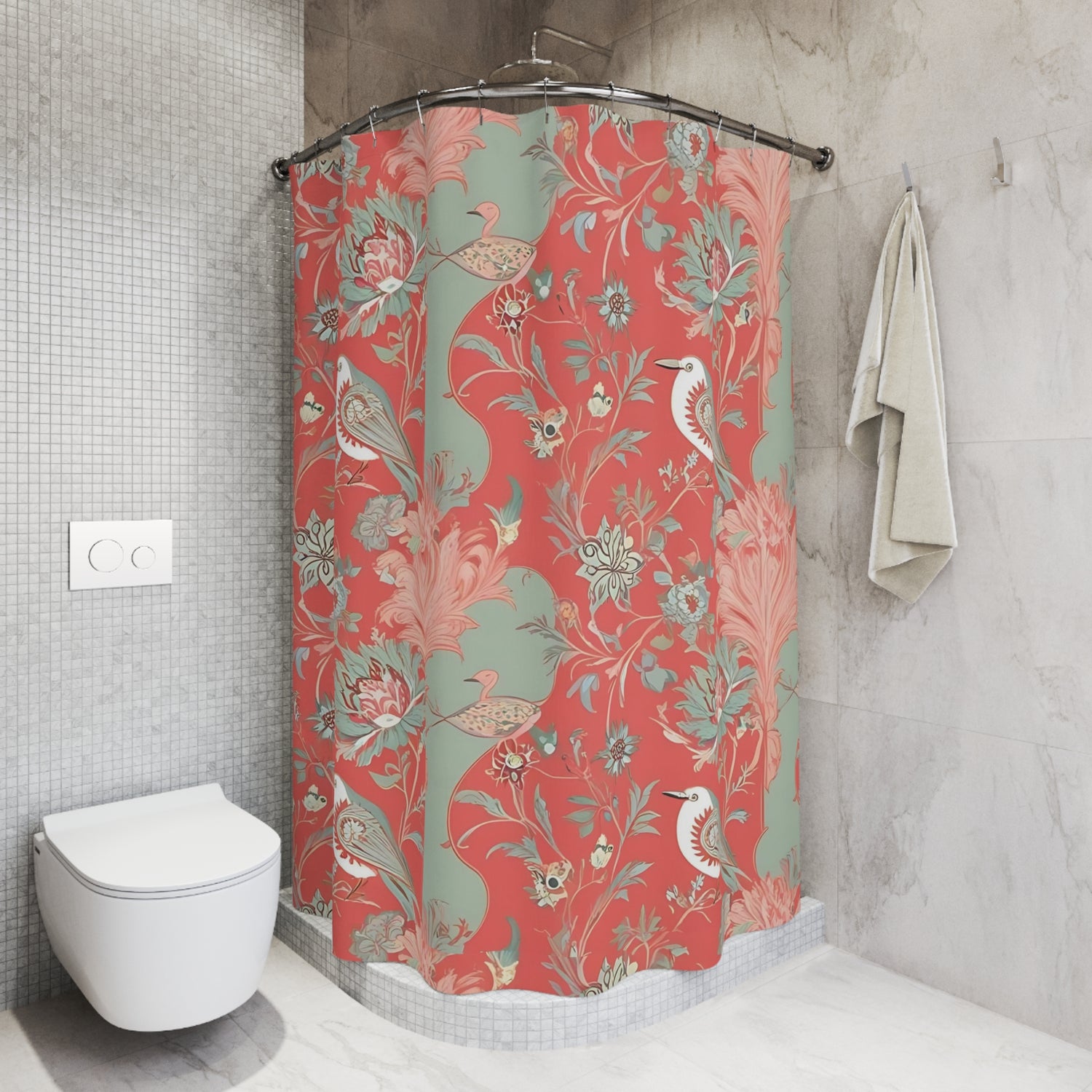 Chinoiserie Elegant Floral Birds Shower Curtain - Vibrant Vintage Design for Bathroom Decor - Mid Century Modern Gal