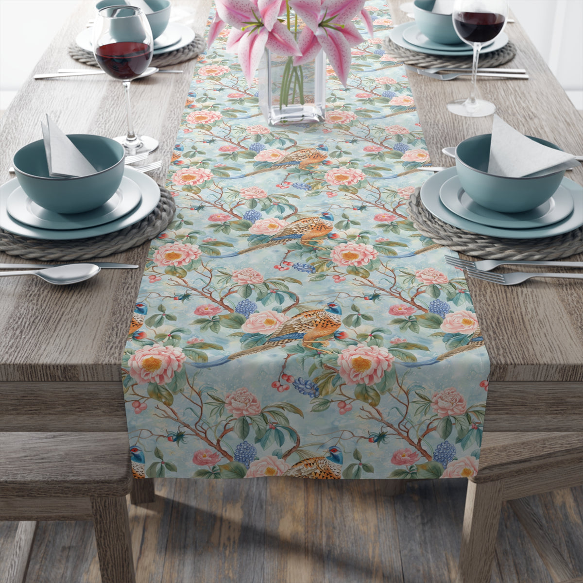 Chinoiserie Botanical Floral Table Runner - Elegant Table Linen Centerpiece for Home Decor - Mid Century Modern Gal