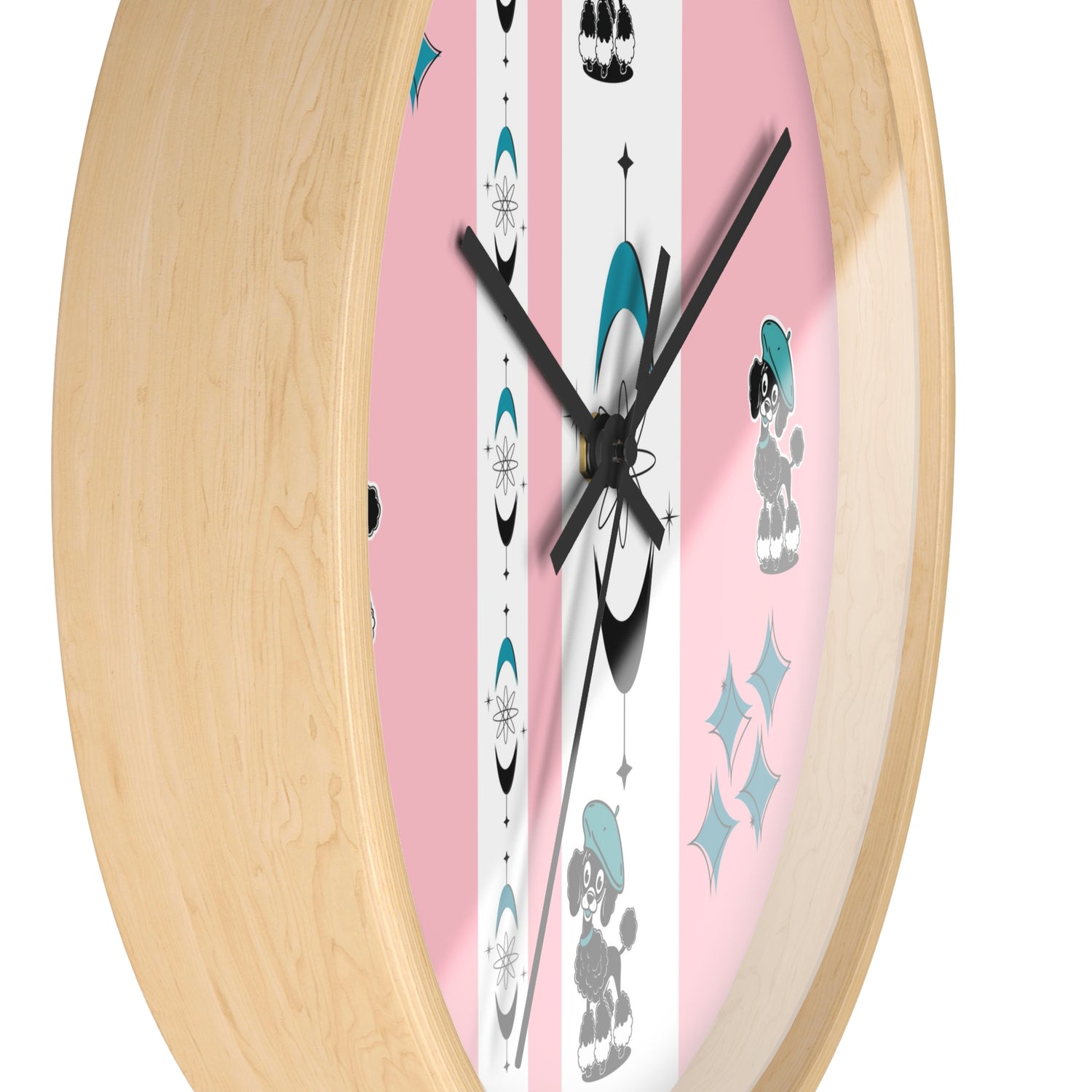 Mid Century Modern Atomic Pink Starburst Wall Clock with Cute Retro Mod Poodle Design - Mid Century Modern Gal