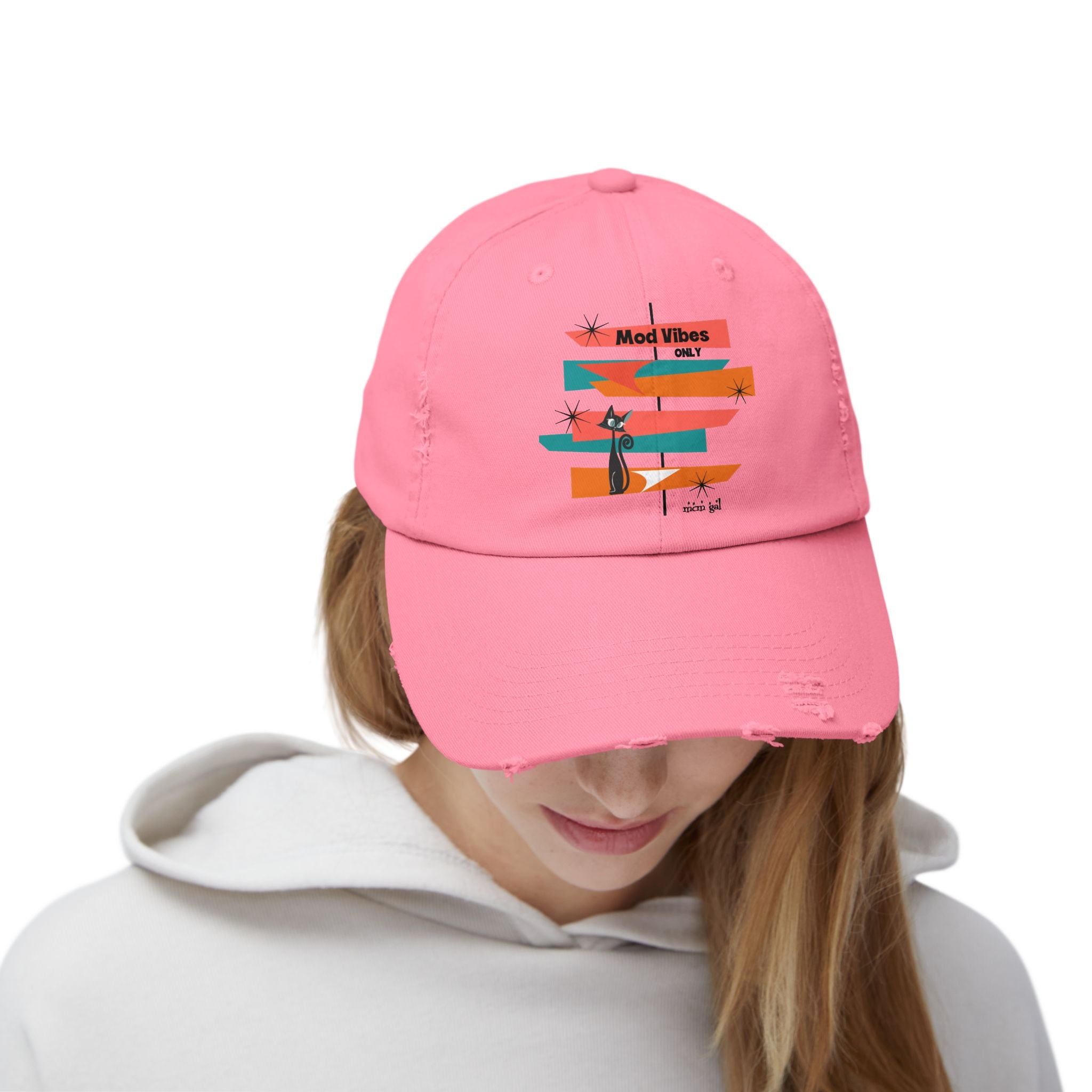 Moderism Week In Palm Spring California Retro Mod Atomic Cat, Unisex Distressed Cap - Mid Century Modern Gal