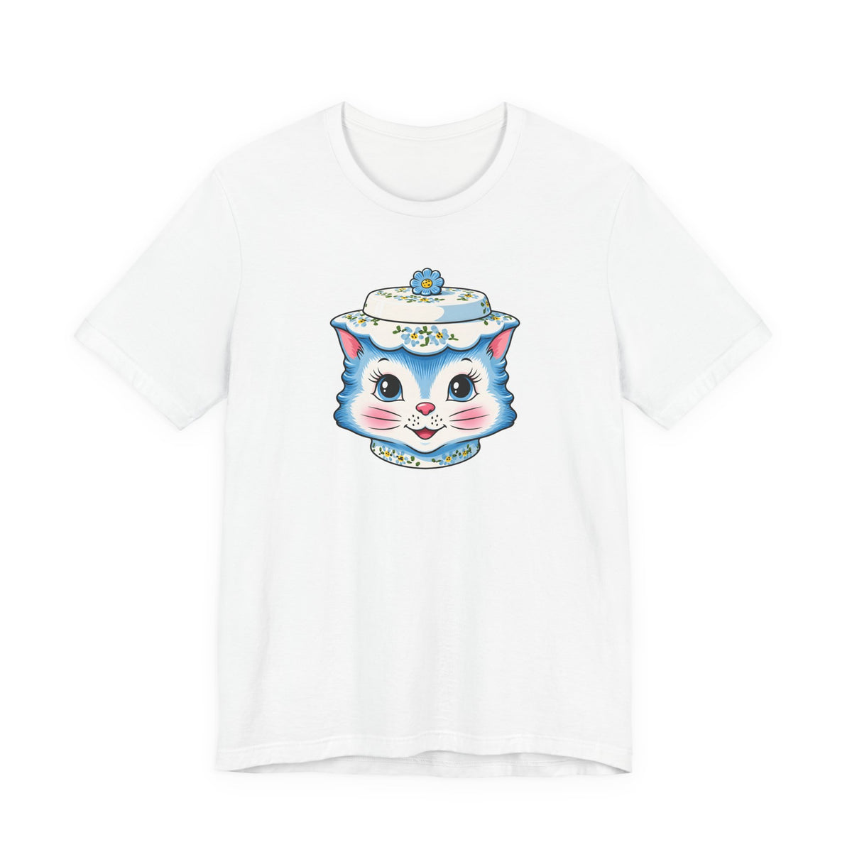 Mid Century Modern Kitschy Anthropomorphic Blue Cat with Floral Hat Unisex T-Shirt