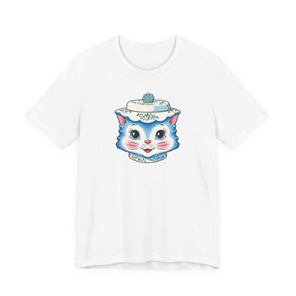 Mid Century Modern Kitschy Anthropomorphic Blue Cat with Floral Hat Unisex T-Shirt