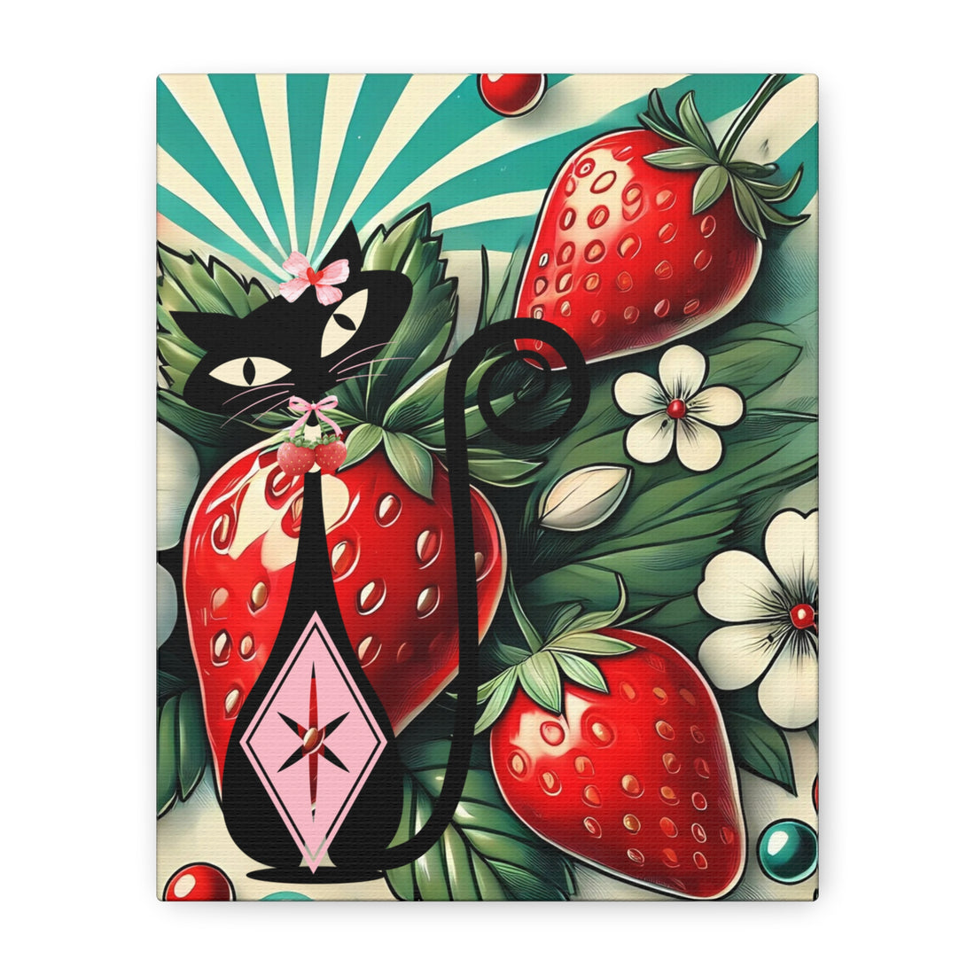 Retro Atomic Cat and Strawberry Wall Art Canvas - Vibrant Home Decor - Mid Century Modern Gal