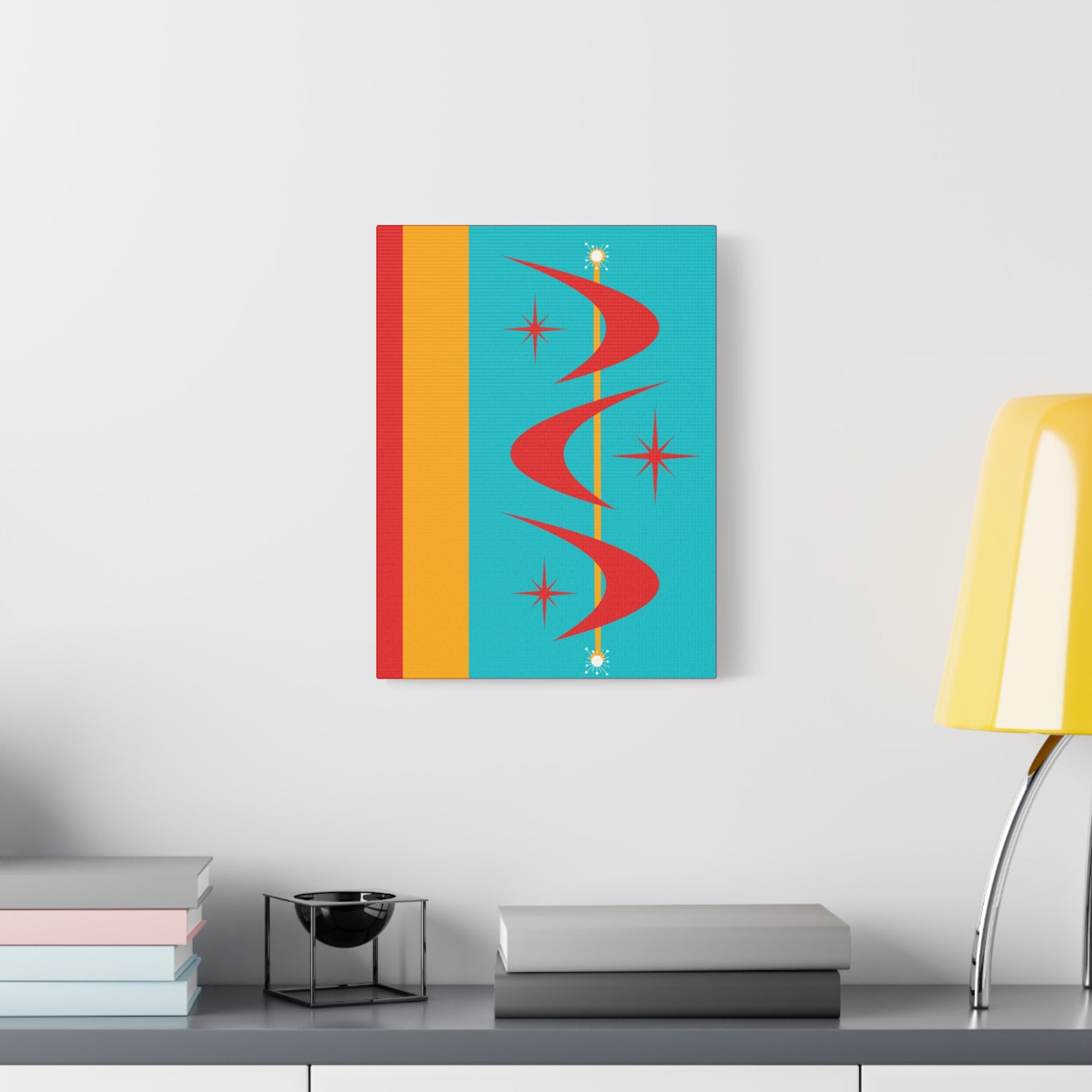 Atomic Boomerang Retro Red, Aqua Blue, Mustard Yellow Mid Century Modern Retro Wall Art - Mid Century Modern Gal