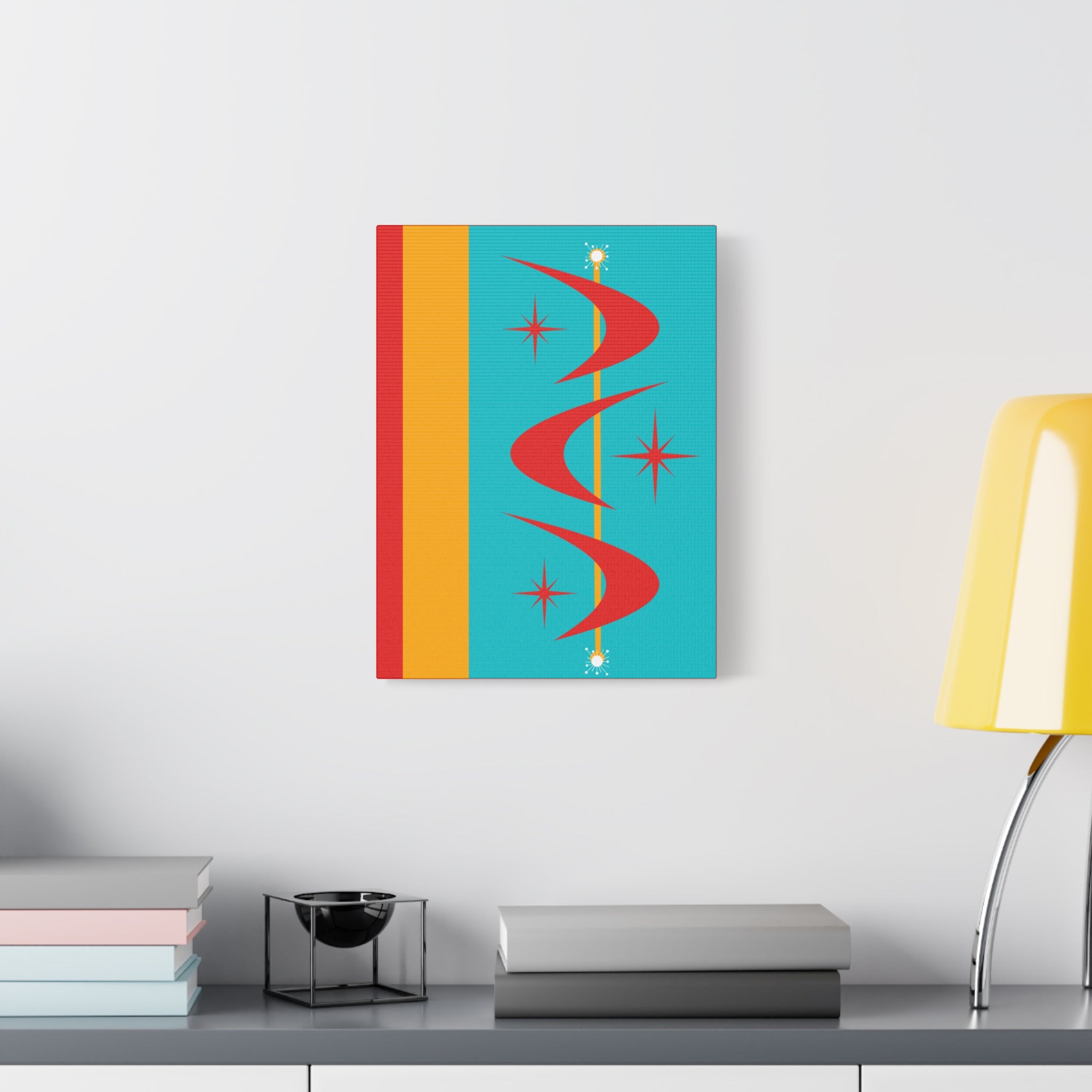 Atomic Boomerang Retro Red, Aqua Blue, Mustard Yellow Mid Century Modern Retro Wall Art - Mid Century Modern Gal