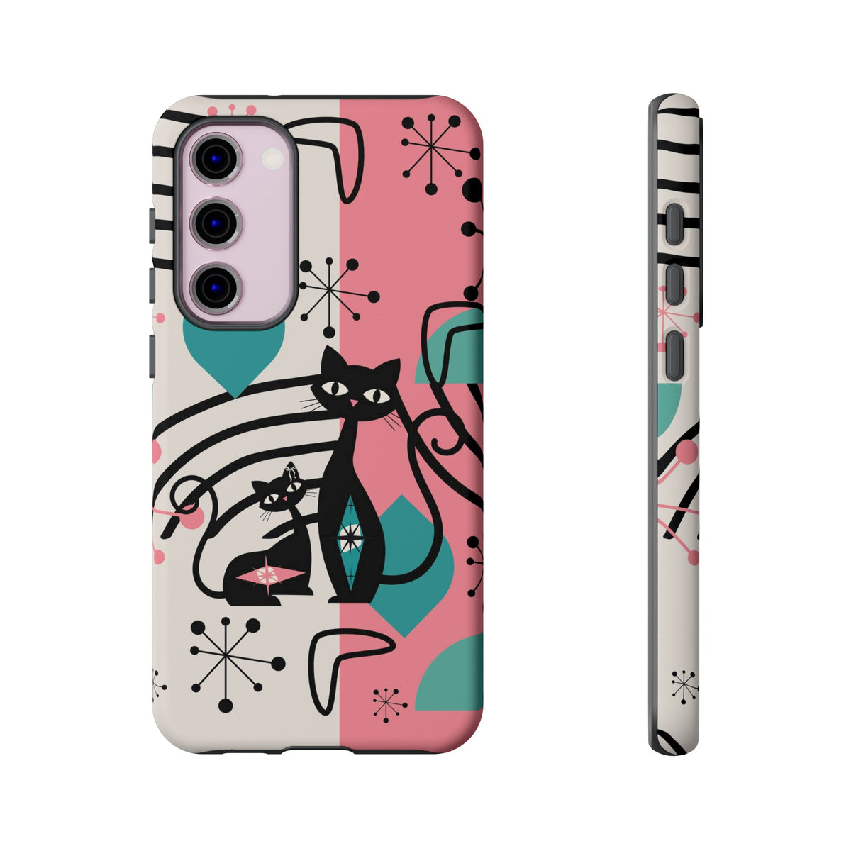 Mid Mod Atomic Cat Boomerang Starburst, Pink, Black Kitschy Stylish Cat Phone Case: Modern Design for Cat Lovers - Mid Century Modern Gal