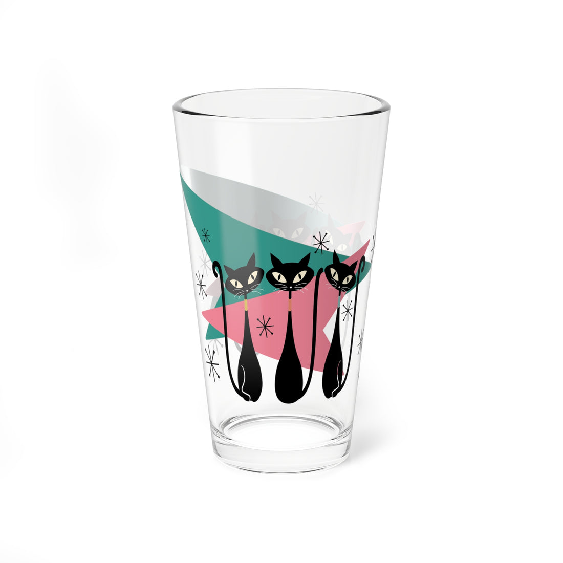 50s Atomic Cats, Kitschy Mid Century Modern Glass, Pink, Teal, Starbursts Shaker, Cocktail, Mocktail MCM Party Drinkware