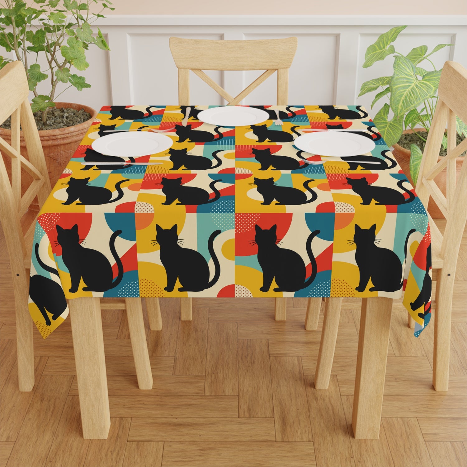 Pop Art Black Atomic Cats, Red Blue Yellow, Tablecloth - Mid Century Modern Gal