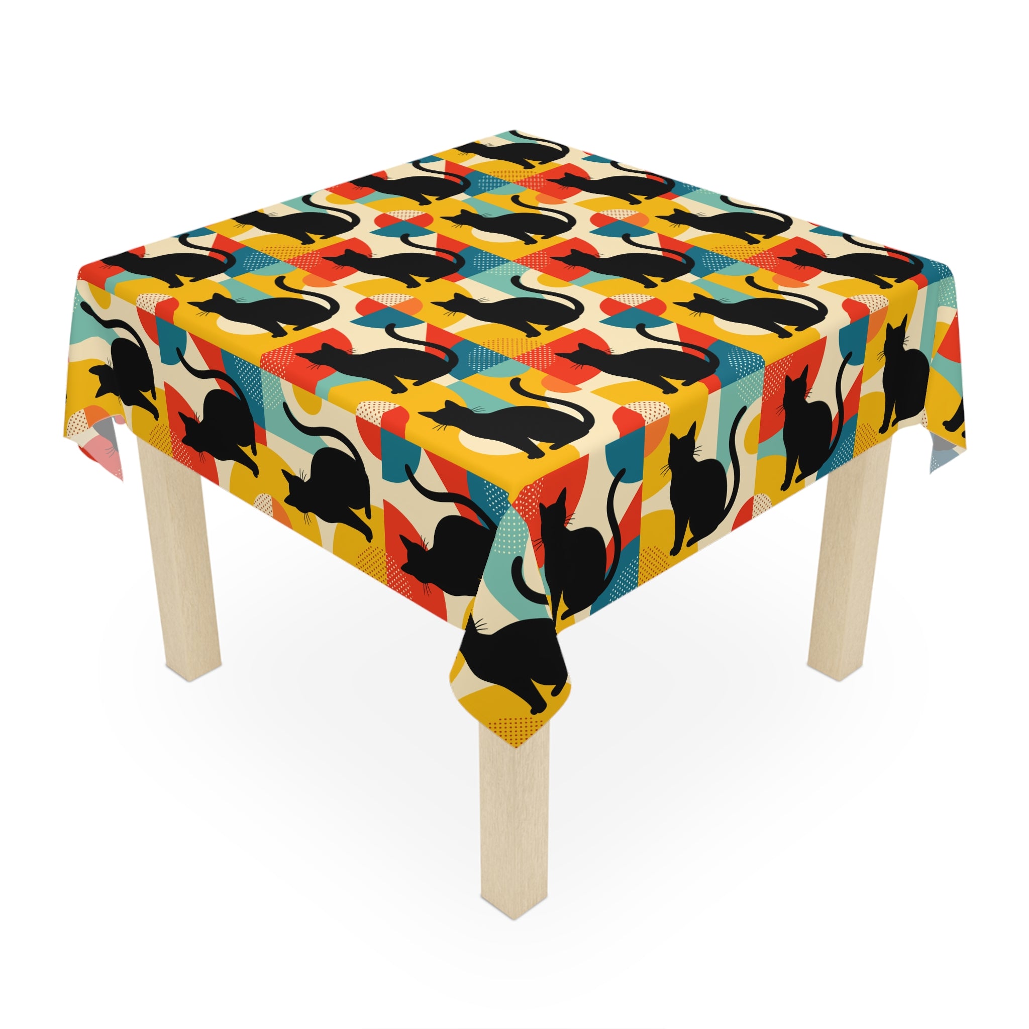 Pop Art Black Atomic Cats, Red Blue Yellow, Tablecloth - Mid Century Modern Gal