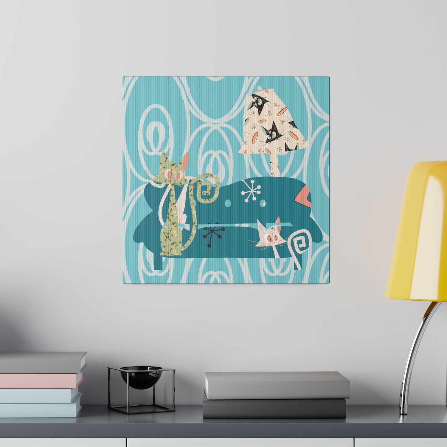 Atomic Cat Art, Quirky Kitschy Blue, Green,  Teal Mid Century Modern Wall Art