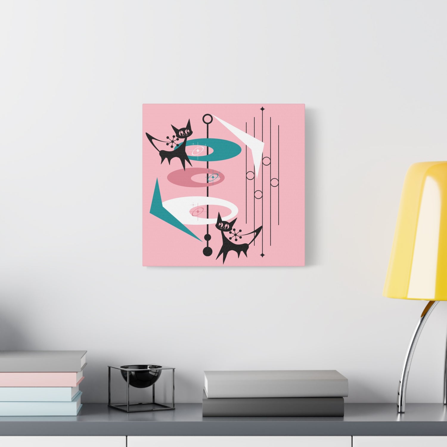 Atomic Cat Pink Abstract Minimalist Mid Century Modern Wall Canvas Art - Modern Geometric Wall Decor