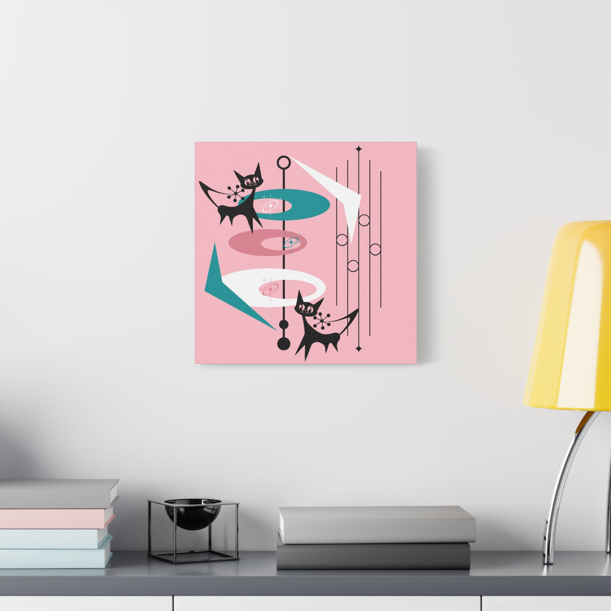 Atomic Cat Pink Abstract Minimalist Mid Century Modern Wall Canvas Art - Modern Geometric Wall Decor - Mid Century Modern Gal