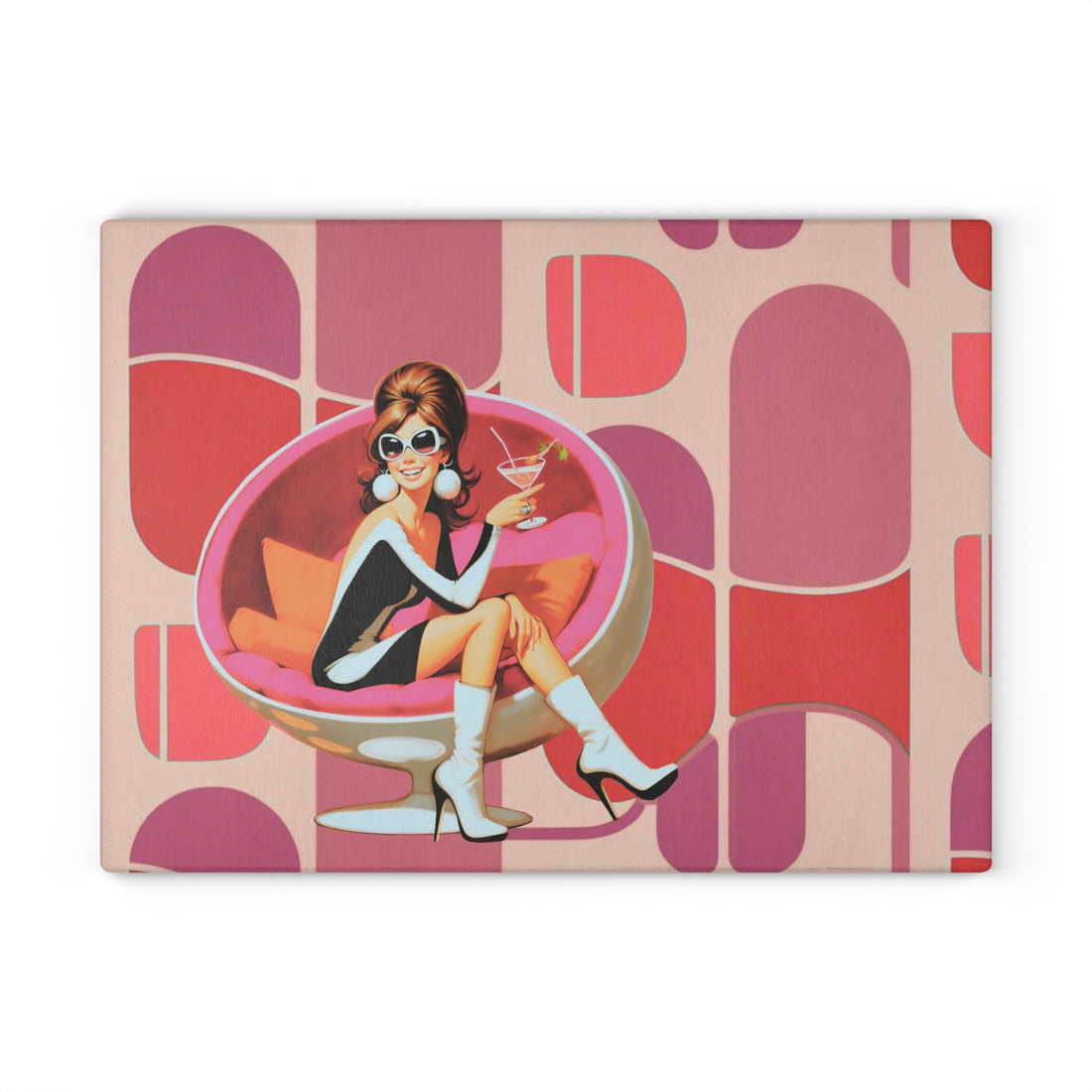 Mid Mod 60s Retro Gal, Cocktail Hour, MCM Barware Glass Cutting Board - Mid Century Modern Gal