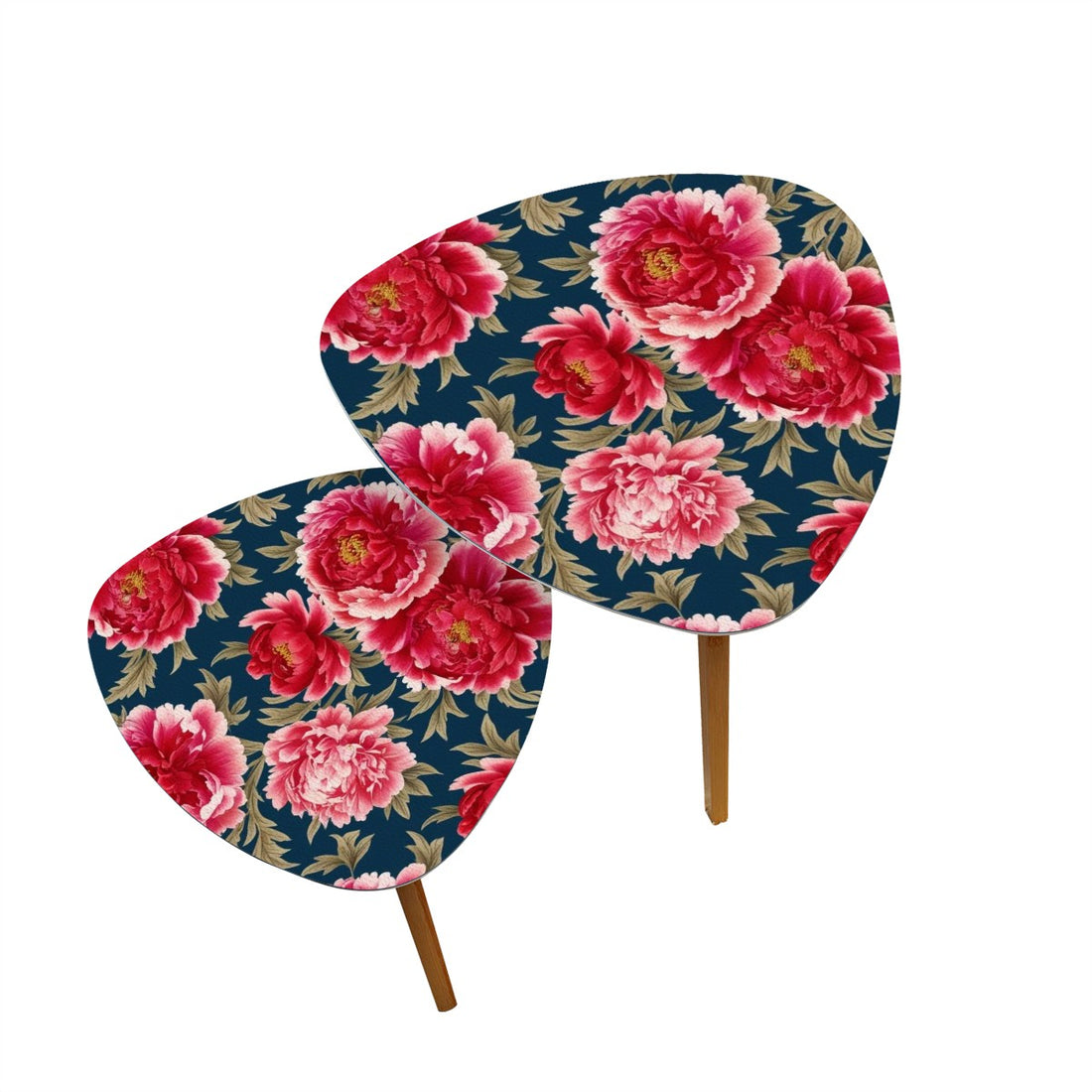 Modern Chinoisierie Royal Blue, Pink Red Floral Nesting Tables - Mid Century Modern Gal