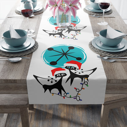 Atomic Cat Retro Christmas Mid Century Modern White MCM Designs Table Runner - Mid Century Modern Gal