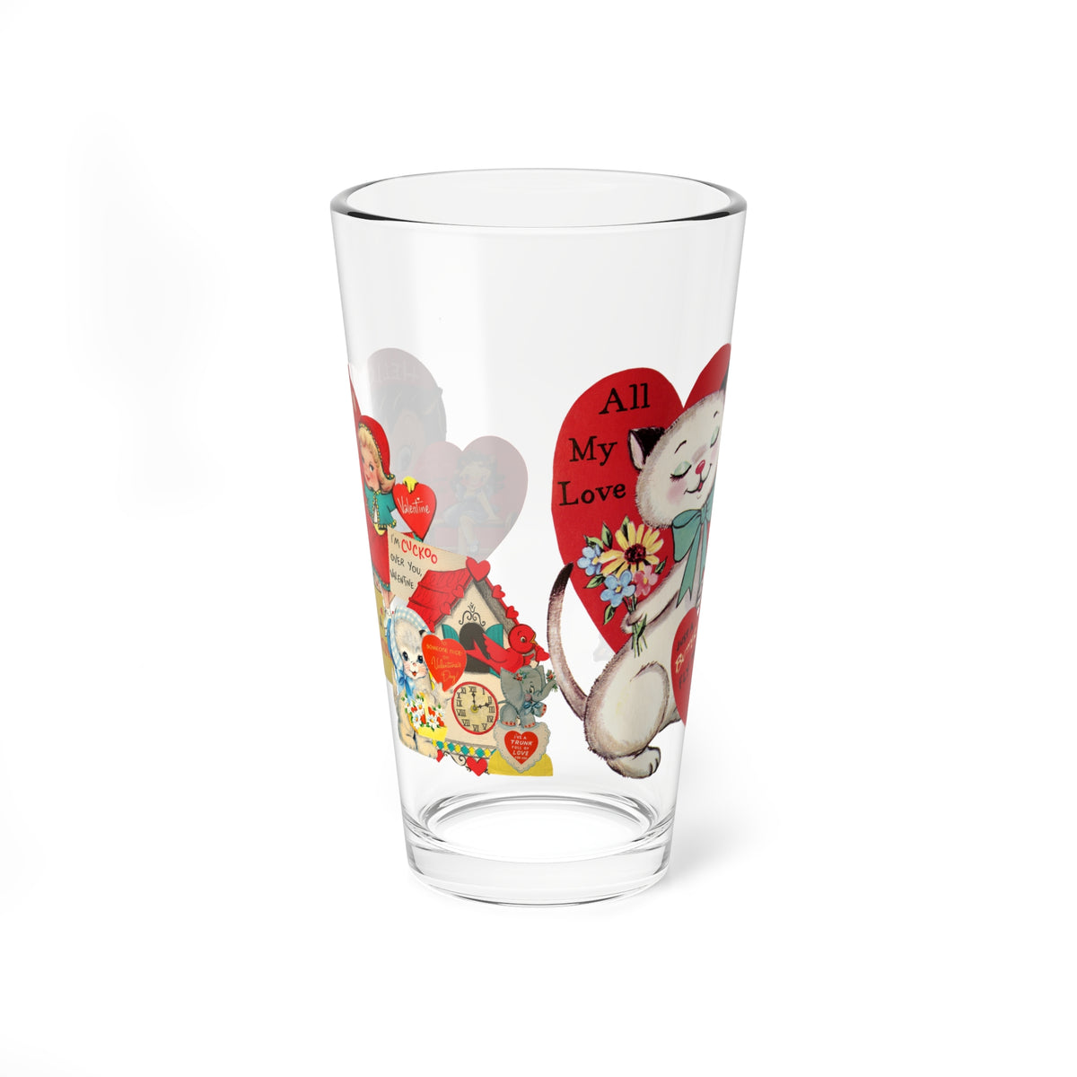 Vintage Valentine Collaged-Inspired Valentine's Mixing Glass - 16oz - Perfect for Love Celebrations - Mid Century Modern Gal
