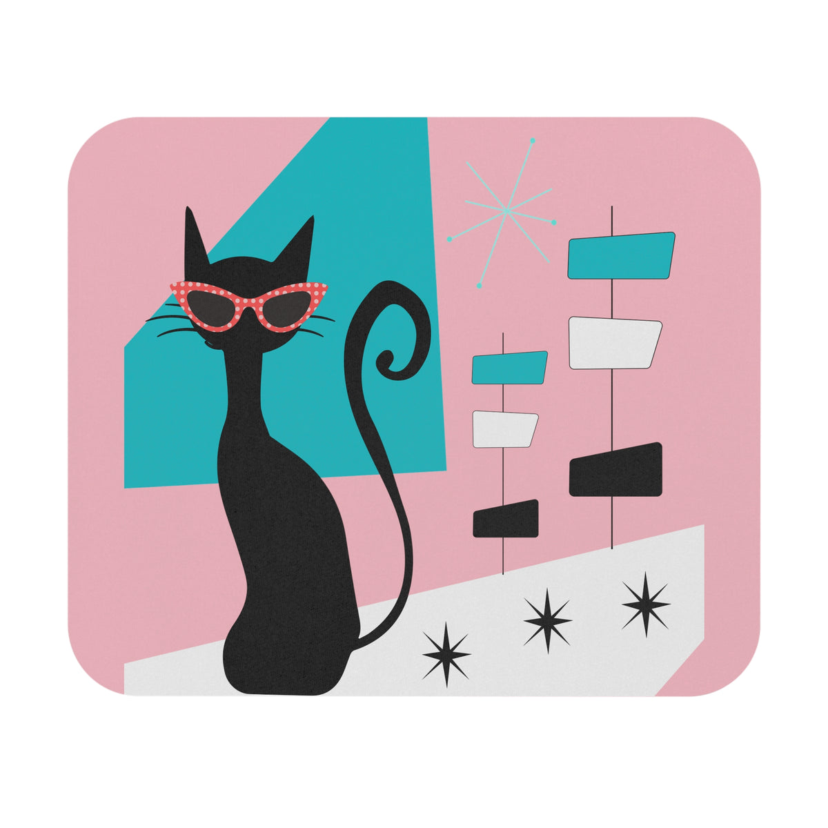 Atomic 50's Mod Cat, Retro Office, Desk Cubicle, Mid Mod, Pink, Aqua Blue, Mouse Pad (Rectangle) - Mid Century Modern Gal
