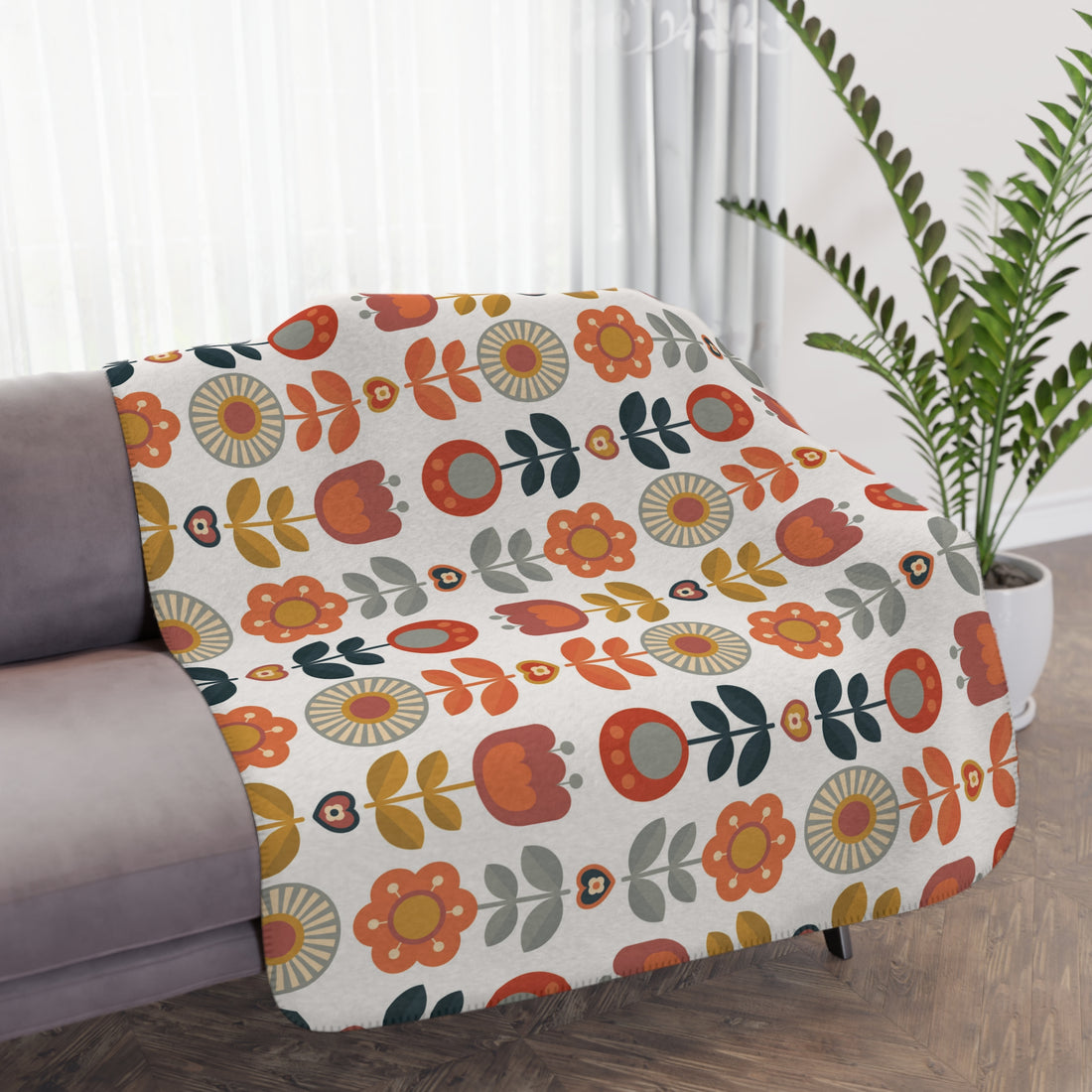 Retro Scandinavian Modern Danish Cozy Floral Tan Sherpa Blanket - Soft Throw Blanket for Home Decor &amp; Gifts - Mid Century Modern Gal