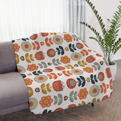 Retro Scandinavian Modern Danish Cozy Floral Tan Sherpa Blanket - Soft Throw Blanket for Home Decor &amp; Gifts - Mid Century Modern Gal