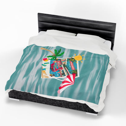 Palm Springs Hotel Retro Mod Flamingo And Atomic Cats, Tropical Getaway Velveteen Plush Blanket - Perfect for Beach Days and Cozy Nights - Mid Century Modern Gal