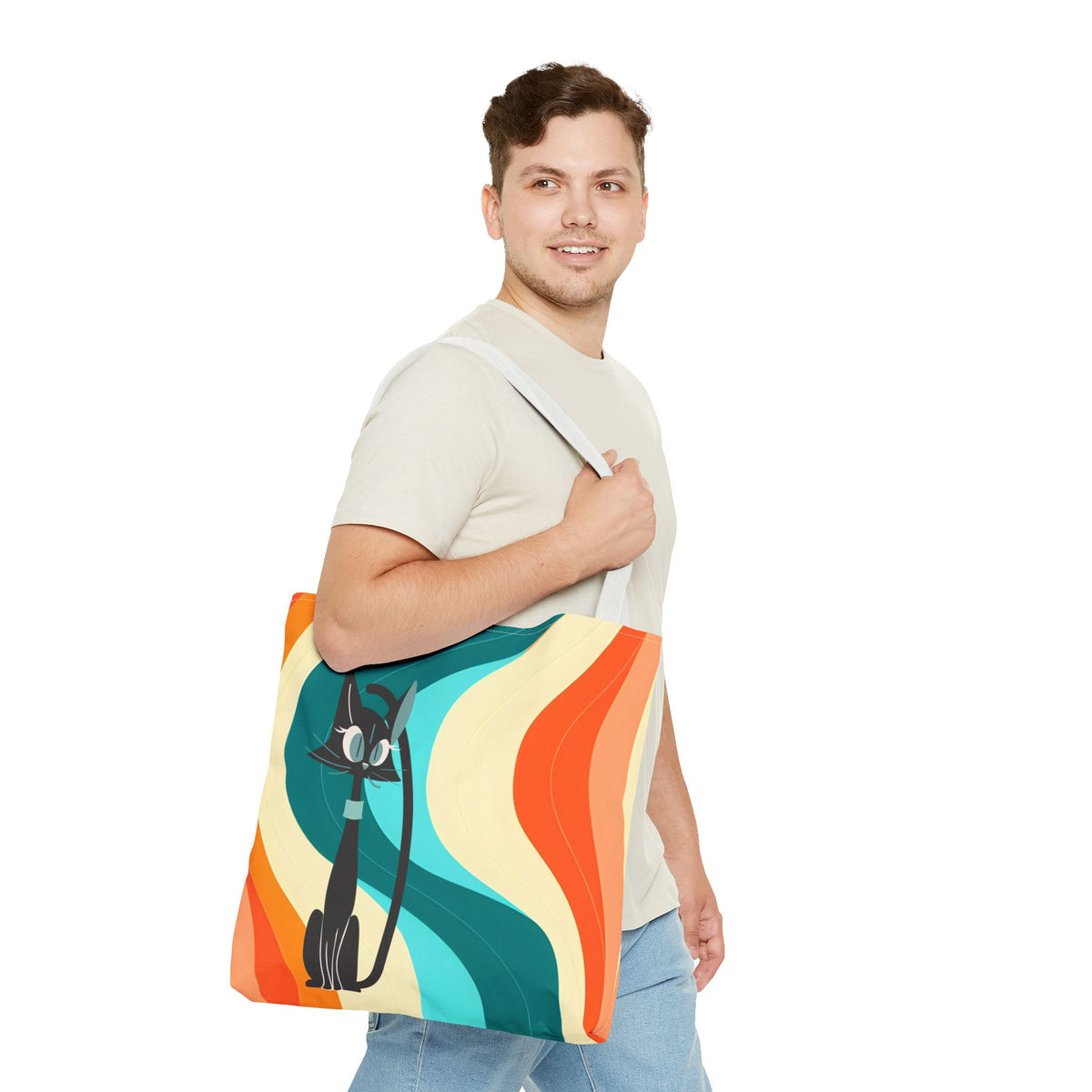 Atomic Cat Mid Mod Groovy Tote Bag featuring a playful cat design with vibrant retro colors and wavy patterns.