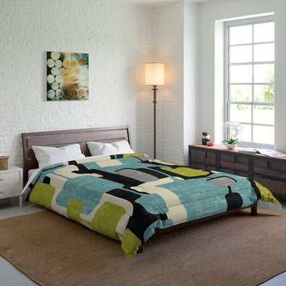 Atomic Living Bedding, Mid Century Modern, Gray, Lemon Lime Green, Aqua Blue, Geometric Retro Comforter - Mid Century Modern Gal