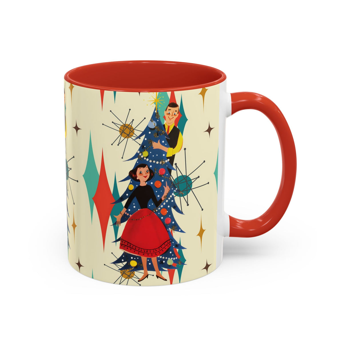 Mid Century Modern 50s Kitsch Christmas starburst coffee mug featuring retro characters and festive designs in vibrant colors.