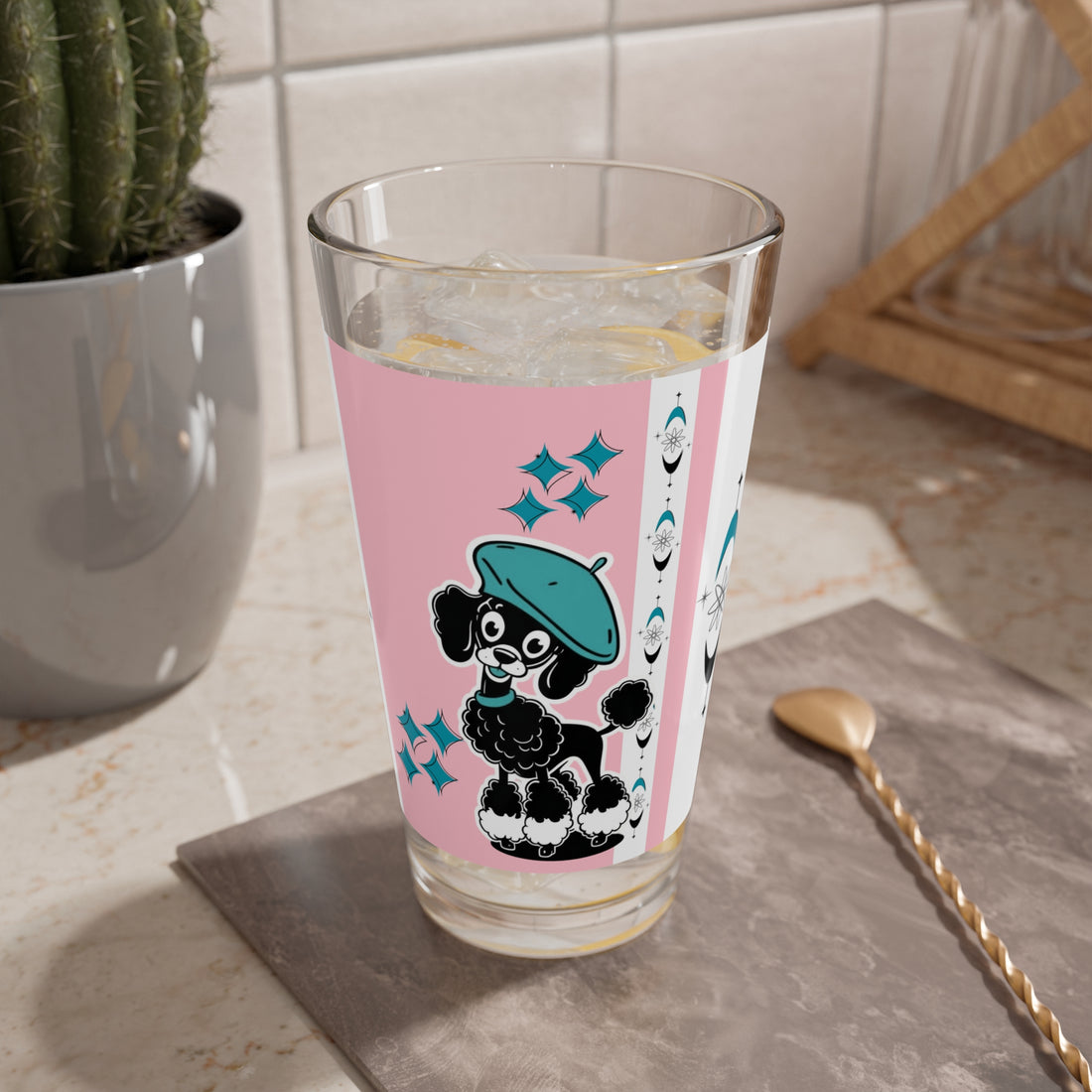 Mid Century Modern Barware Atomic Pink Stylish Poodle Mixing Glass - 16oz, Perfect for Dog Lovers - Mid Century Modern Gal