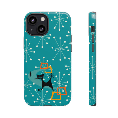 Atomic Space Cat, Starburst Blue, Retro Groovy Smart Phone Tough Phone Cases