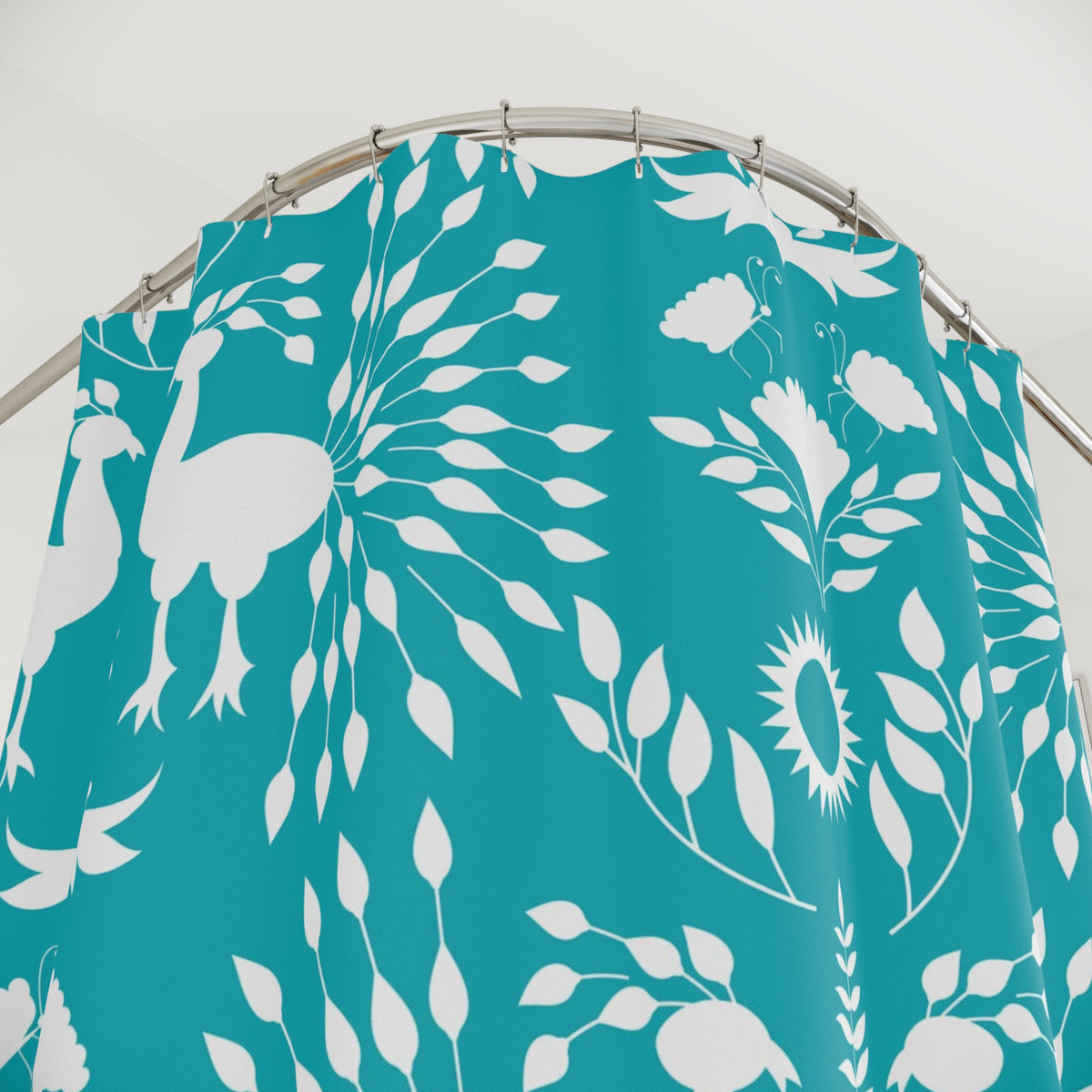 Scandinavian Teal Blue Chinoiserie Peacock Retro Mid Modern Shower Curtain - Mid Century Modern Gal