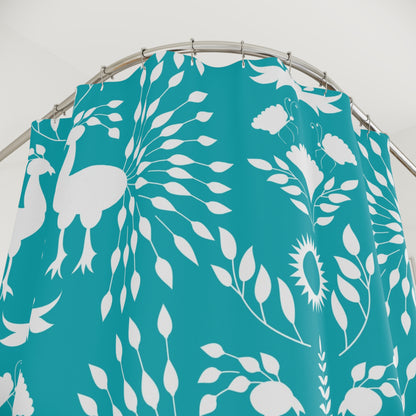 Scandinavian Teal Blue Chinoiserie Peacock Retro Mid Modern Shower Curtain - Mid Century Modern Gal