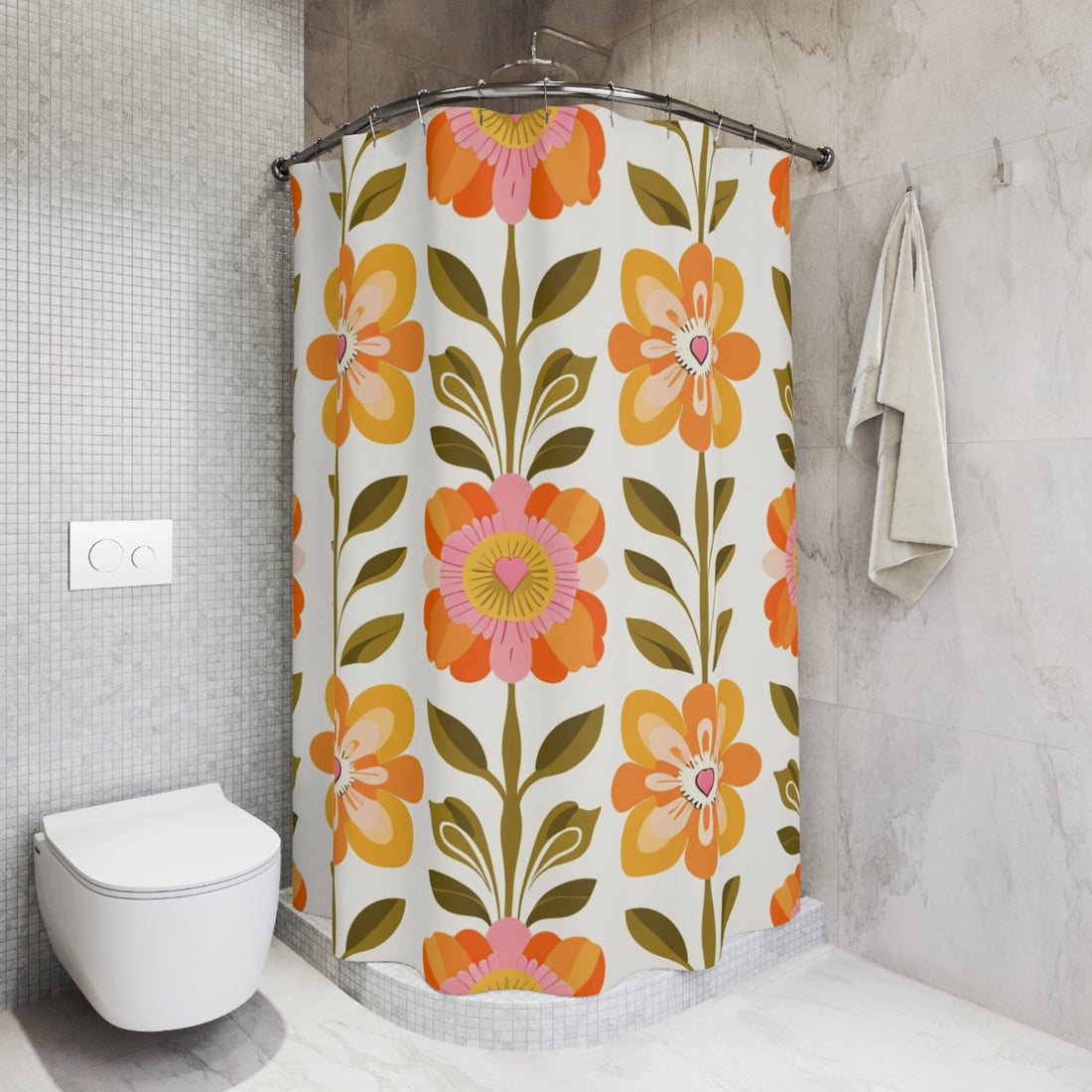 Scandinavian Floral Modern Danish Orange Yellow Green Boho Floral Shower Curtain - Mid Century Modern Gal