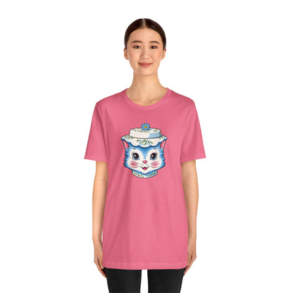 Mid Century Modern Kitschy Anthropomorphic Blue Cat with Floral Hat Unisex T-Shirt