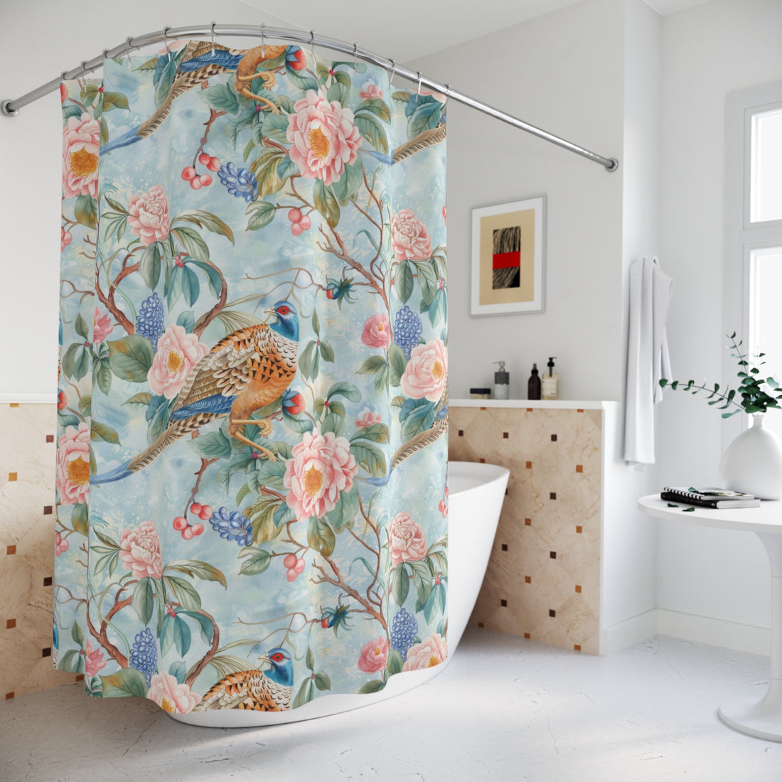 Chinoiserie Designed Shower Curtain Floral Blue , Pink Cottagecore Beautiful Botanical Shower Curtain