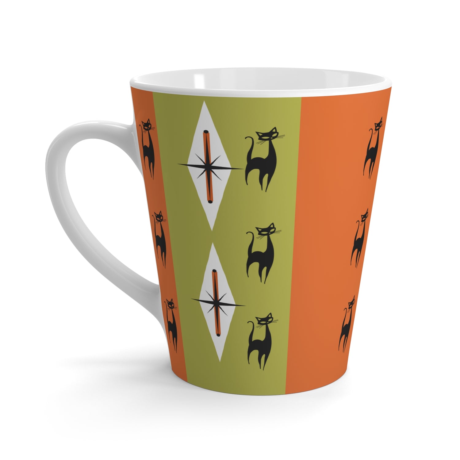 Atomic Kitschy Cats, Orange Green Mid Mod Latte Cup - Mid Century Modern Gal