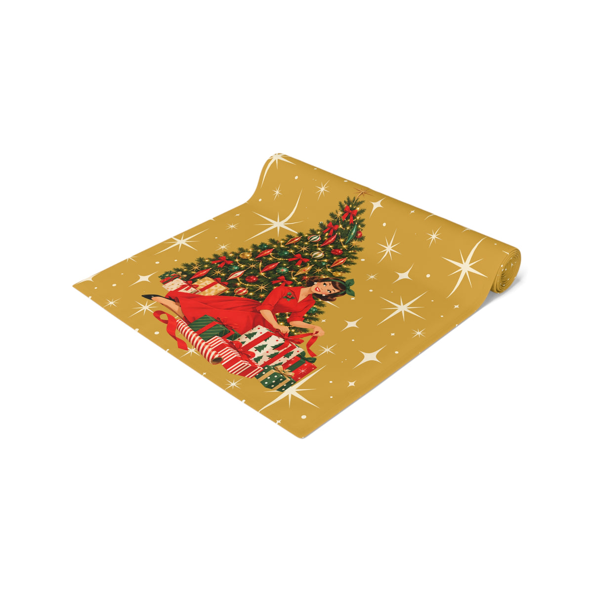 Mid Century Modern Christmas Glamour Gal Wrapping Presents by Tree, Gold Atomic Starbursts Table Runner
