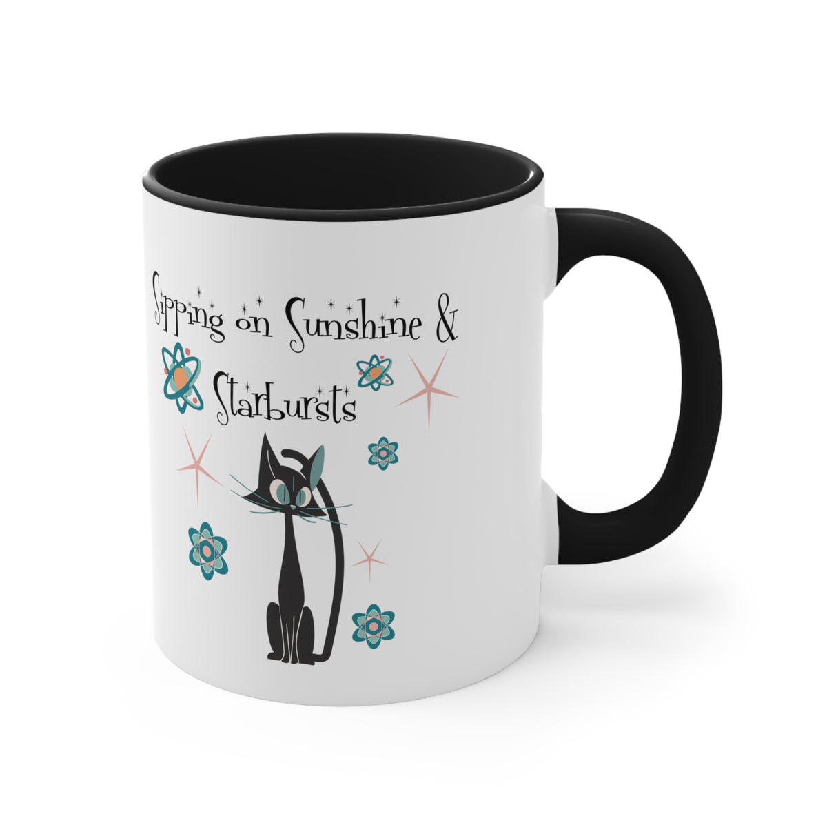 Atomic Cat Coffee Mug, Sipping On Sunshine, Mid Century Modern Style, Atoms, Starbursts Gifts For Couples, Mom, Mid Mod Friend - Mid Century Modern Gal