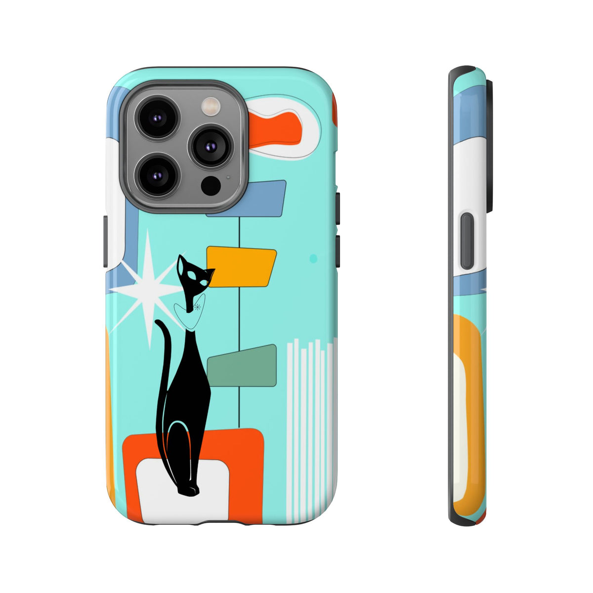 Atomic Cat, Mid Mod Aqua Blue, Geometric, Samsung, Google Pixel, Apple iPhone Tough Cases - Mid Century Modern Gal