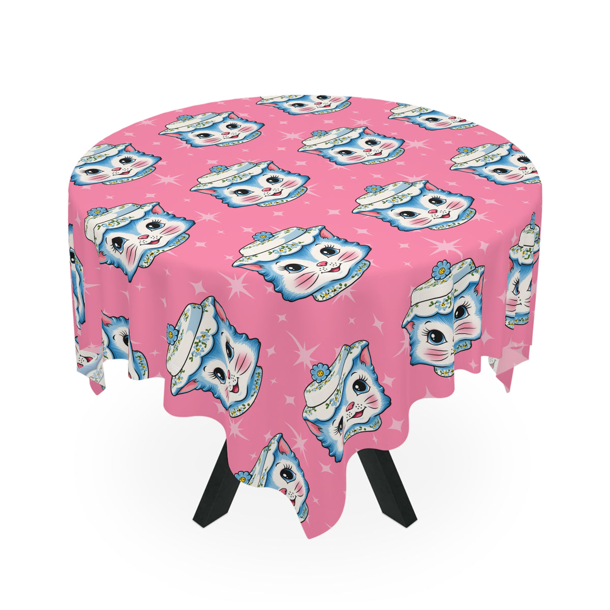 Mid Century Modern Kitschy Anthropomorphic Blue Cat with Floral Hat Tablecloth - Mid Century Modern Gal