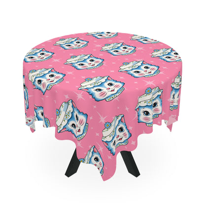 Mid Century Modern Kitschy Anthropomorphic Blue Cat with Floral Hat Tablecloth - Mid Century Modern Gal