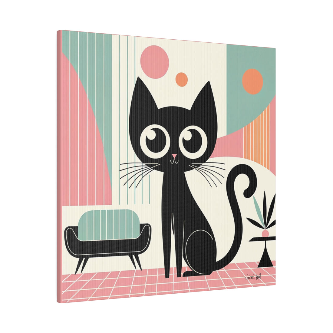 Mid Century Modern Atomic Kitty Cat, Pink, Kitschy Mod Matte Canvas