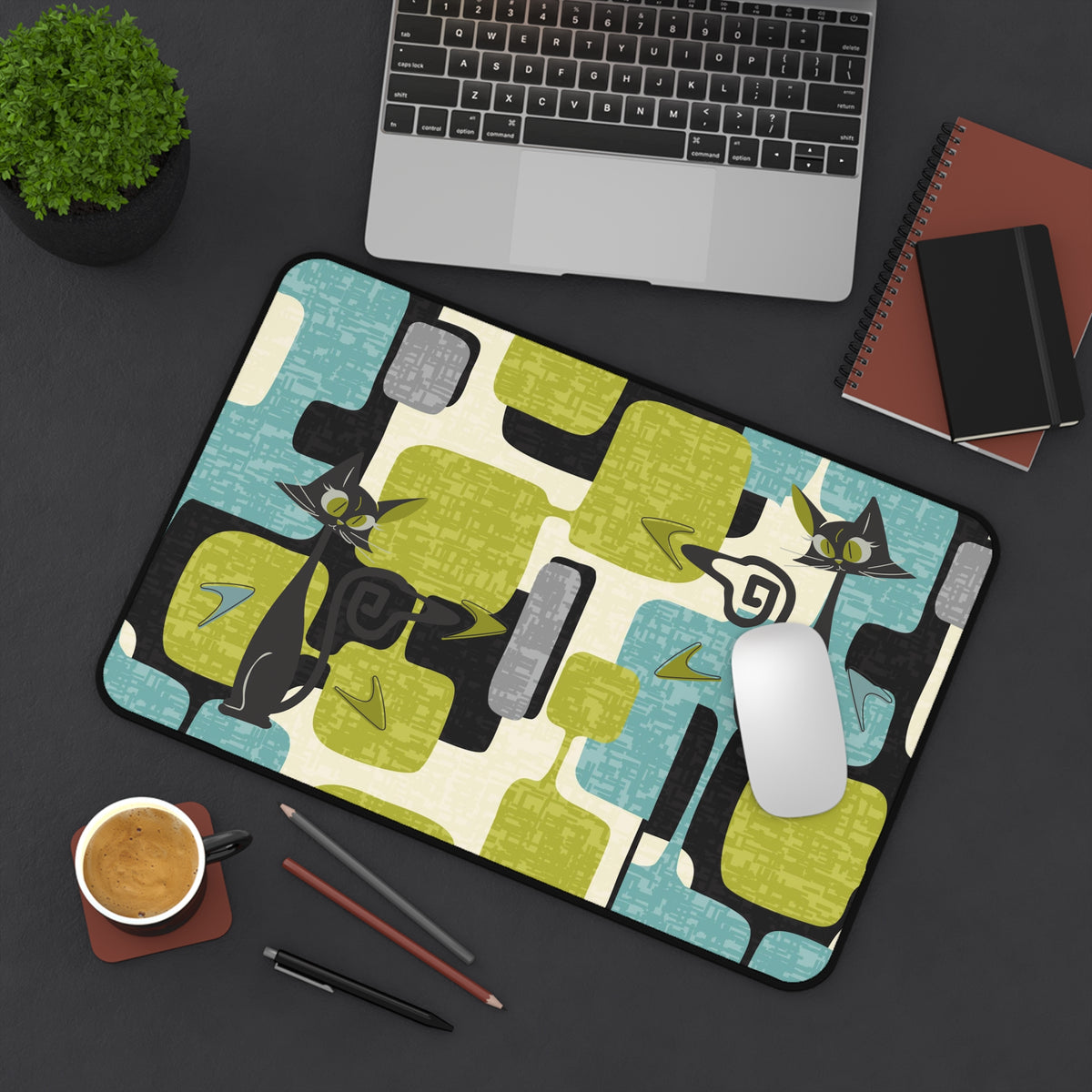 Atomic Cat Desk Mat - Retro Home Office Decor, Gift for Cat Lovers, Unique Mouse Pad, Fun Desk Accessories, Vintage Style Desk Mat - Mid Century Modern Gal