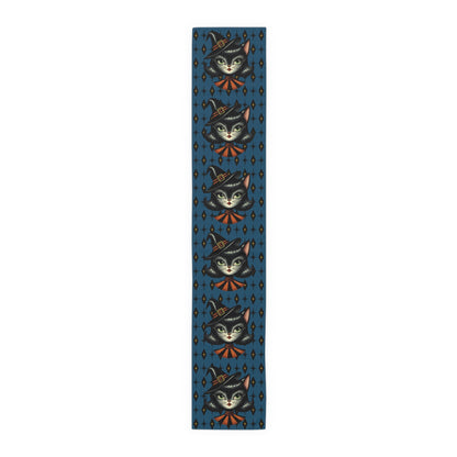 Vintage Halloween Black Cat Sexy Sexton Mid Century Modern Blue Table Runner - Mid Century Modern Gal