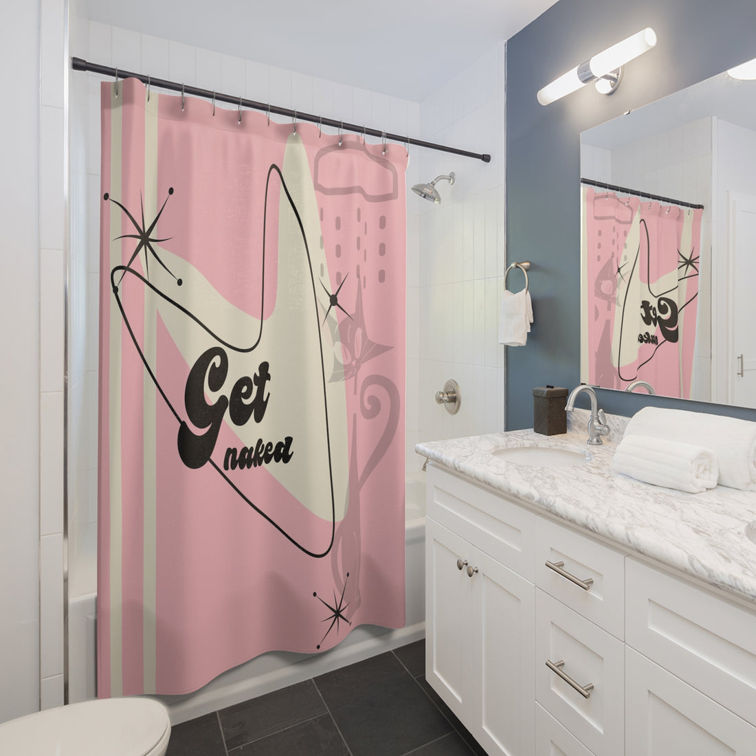 Mid Century Modern Shower Curtain, 50s Pink Atomic Cat Kitschy Funny Get Naked Retro Style