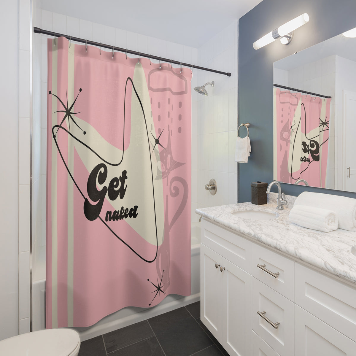 Mid Century Modern Shower Curtain, 50s Pink Atomic Cat Kitschy Funny Get Naked Retro Style - Mid Century Modern Gal