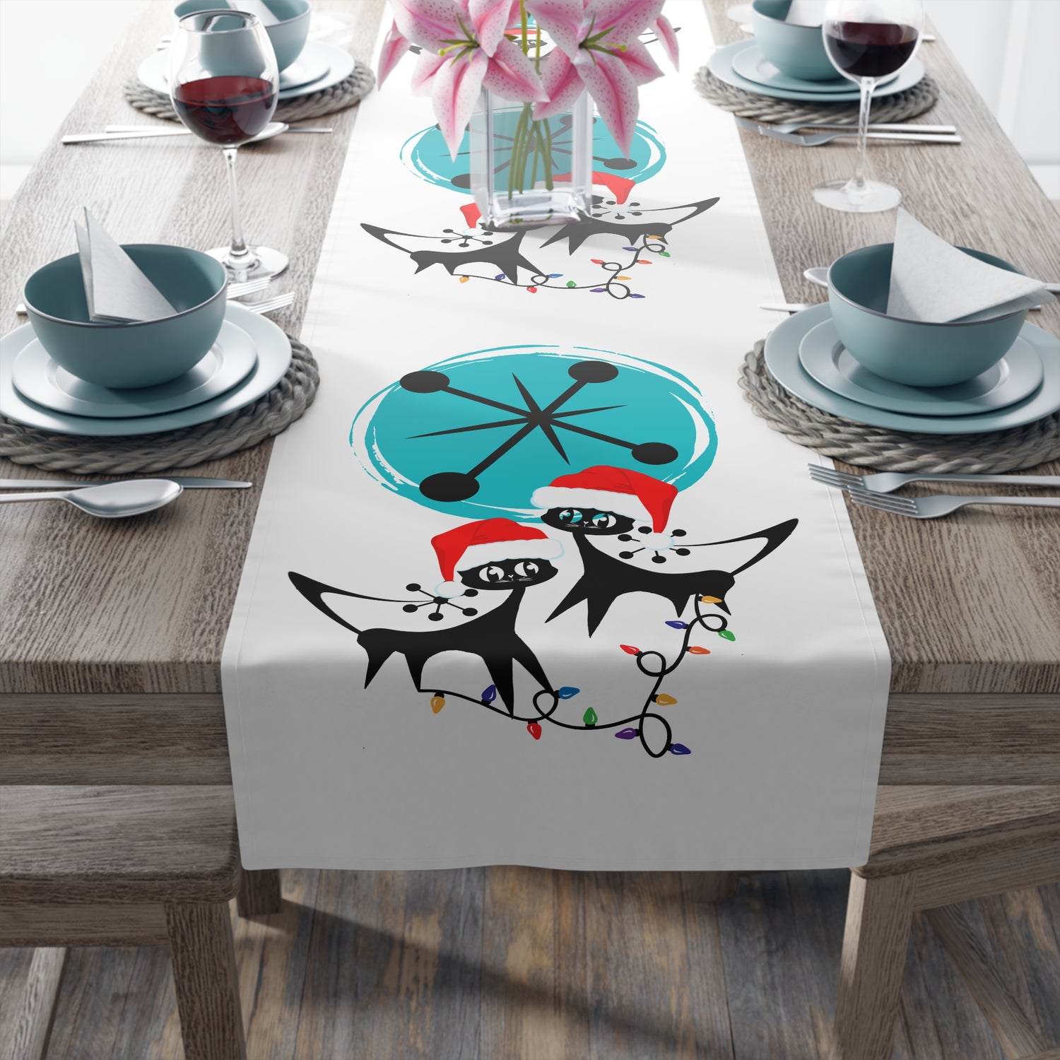 Atomic Cat Retro Christmas Mid Century Modern White MCM Designs Table Runner - Mid Century Modern Gal