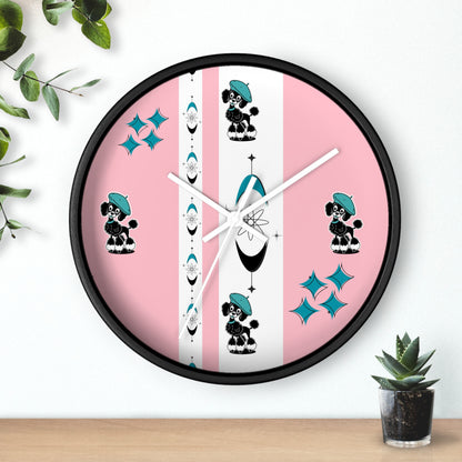 Mid Century Modern Atomic Pink Starburst Wall Clock with Cute Retro Mod Poodle Design - Mid Century Modern Gal